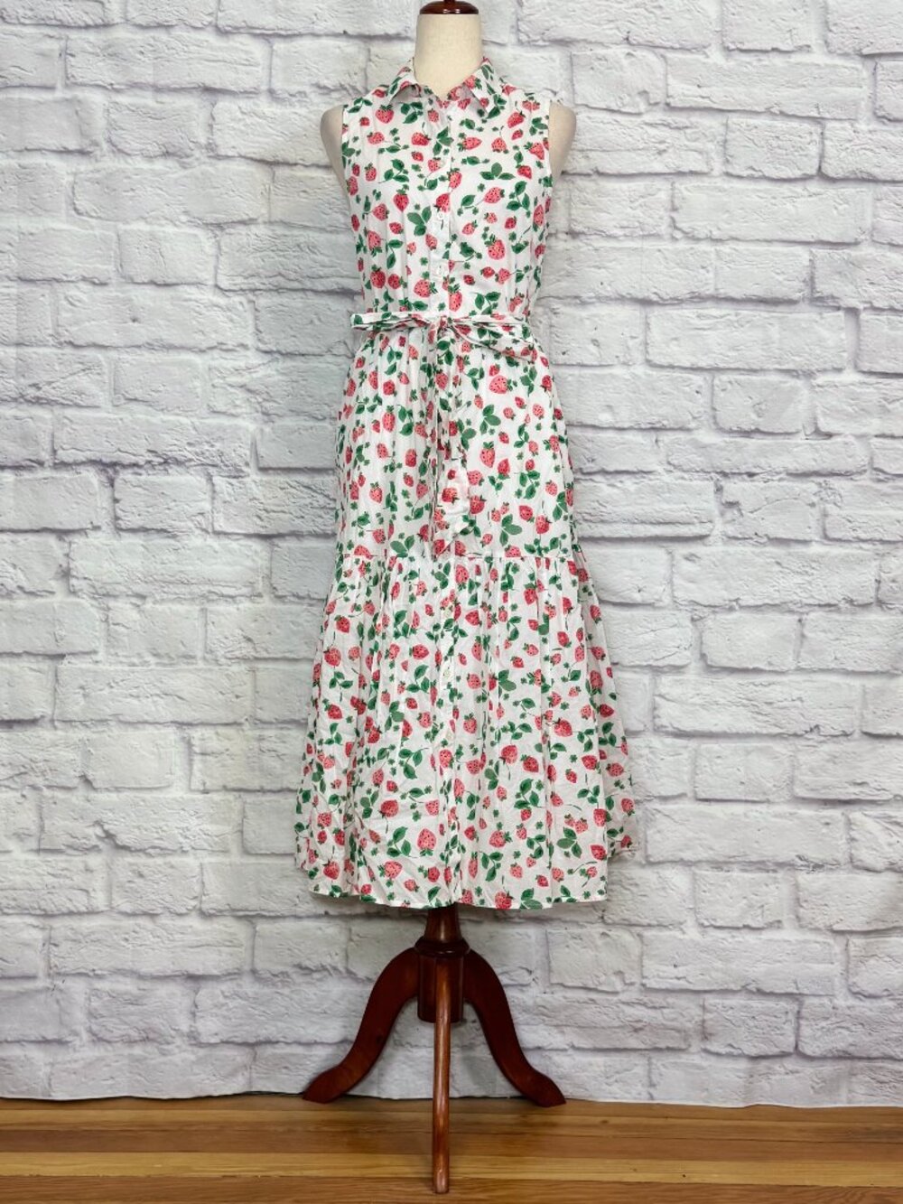 J. Crew White Cotton Strawberry Print Sleeveless Midi Dress